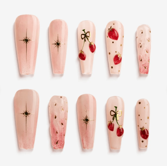 DRESUP Cherry Glow Medium Coffin Press-On Nails – 12 Pieces - Beauty Exchange Beauty Supply