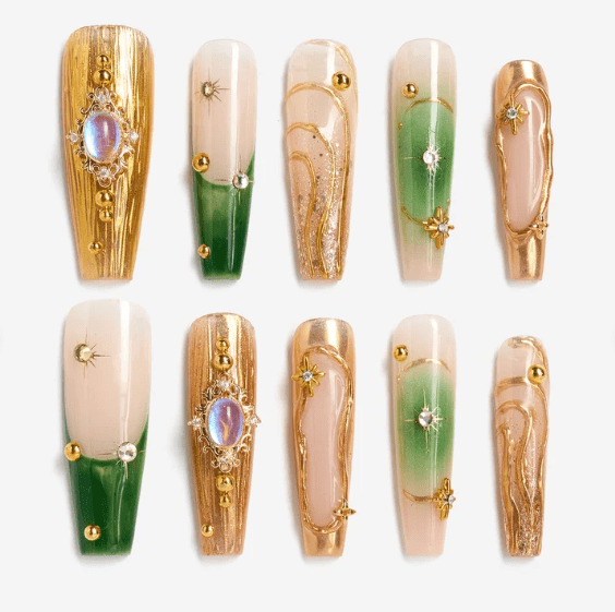 DRESUP Emerald Oracle Long Coffin Press-On Nails – 12 Pieces - Beauty Exchange Beauty Supply
