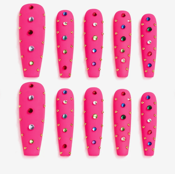 DRESUP Pink Gem Frenzy Long Coffin Press-On Nails – 12 Pieces - Beauty Exchange Beauty Supply