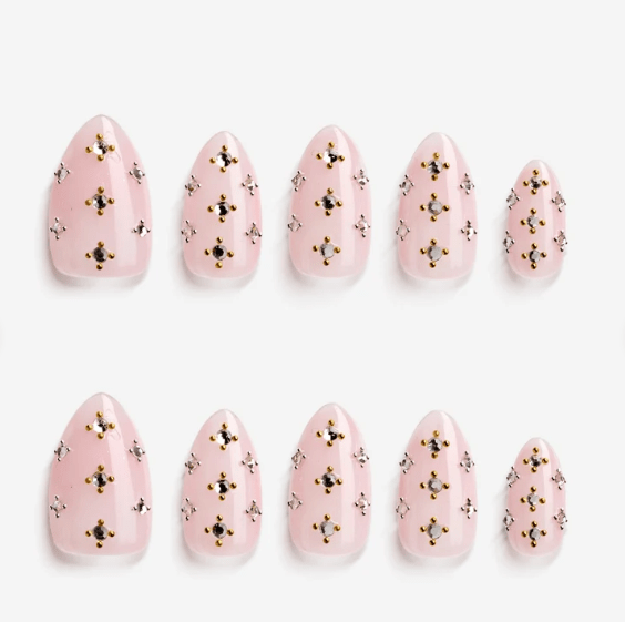 DRESUP Pink Star Gems Short Almond Press-On Nails – 12 Pieces - Beauty Exchange Beauty Supply