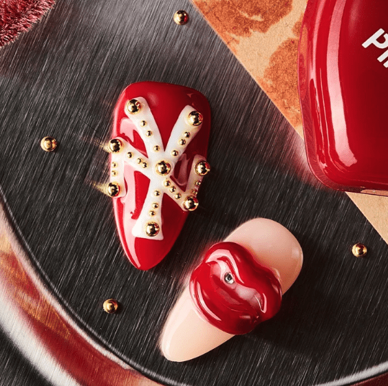 DRESUP Studded Red Lips Medium Almond Press-On Nails – 12 Pieces - Beauty Exchange Beauty Supply
