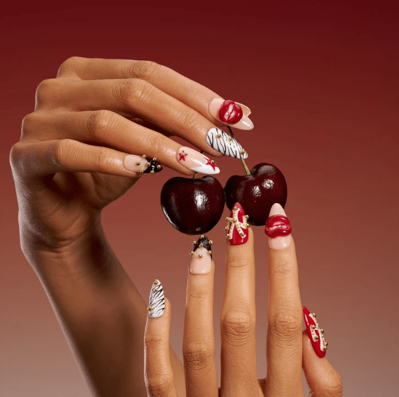 DRESUP Studded Red Lips Medium Almond Press-On Nails – 12 Pieces - Beauty Exchange Beauty Supply