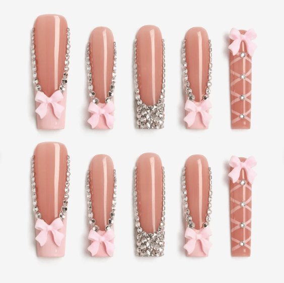 DRESUP Sweetheart Pink Gemstones Long Pipe Press-On Nails – 12 Pieces - Beauty Exchange Beauty Supply