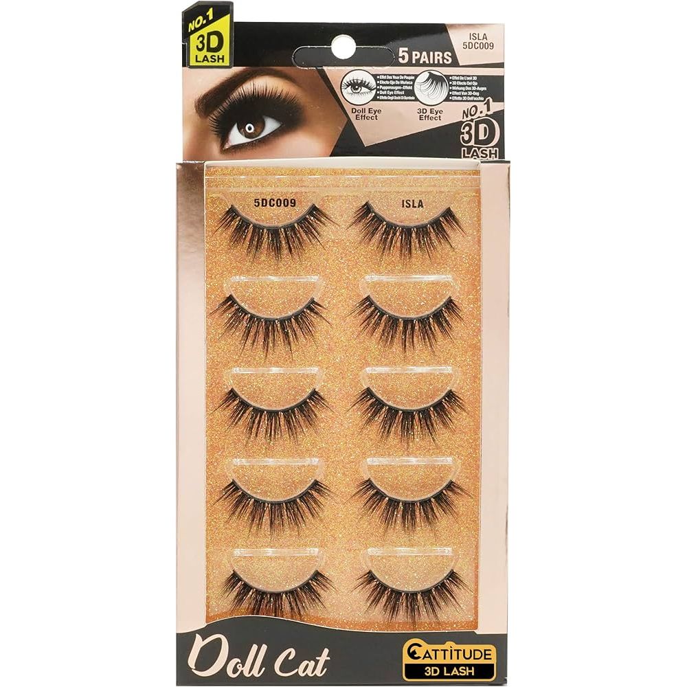 Ebin New York [5 Pairs] Doll Cat 3D Lashes – Styles 02 Ashlyn, 04 Courtney, 09 Isla | Soft Volume, Wide - Eye Effect, Lightweight & Reusable - Beauty Exchange Beauty Supply