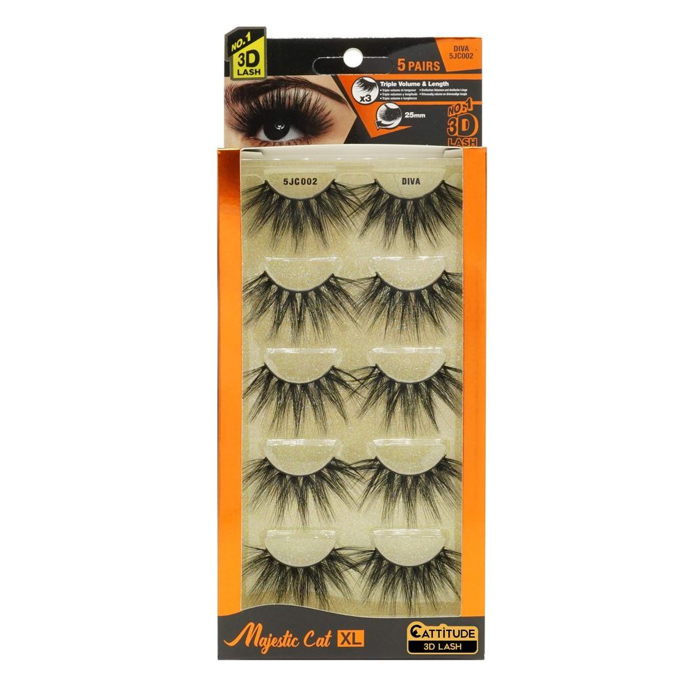 EBIN New York Cattitude 3D Lash – [5 Pairs] Majestic Cat 25mm | Triple Volume & Length | Styles: 02 Diva, 06 Grand, 08 Rich | Reusable, Bold & Lightweight - Beauty Exchange Beauty Supply