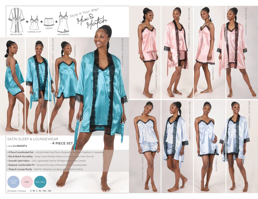NUEE New York Satin Sleep & Loungewear – 4 Piece Set