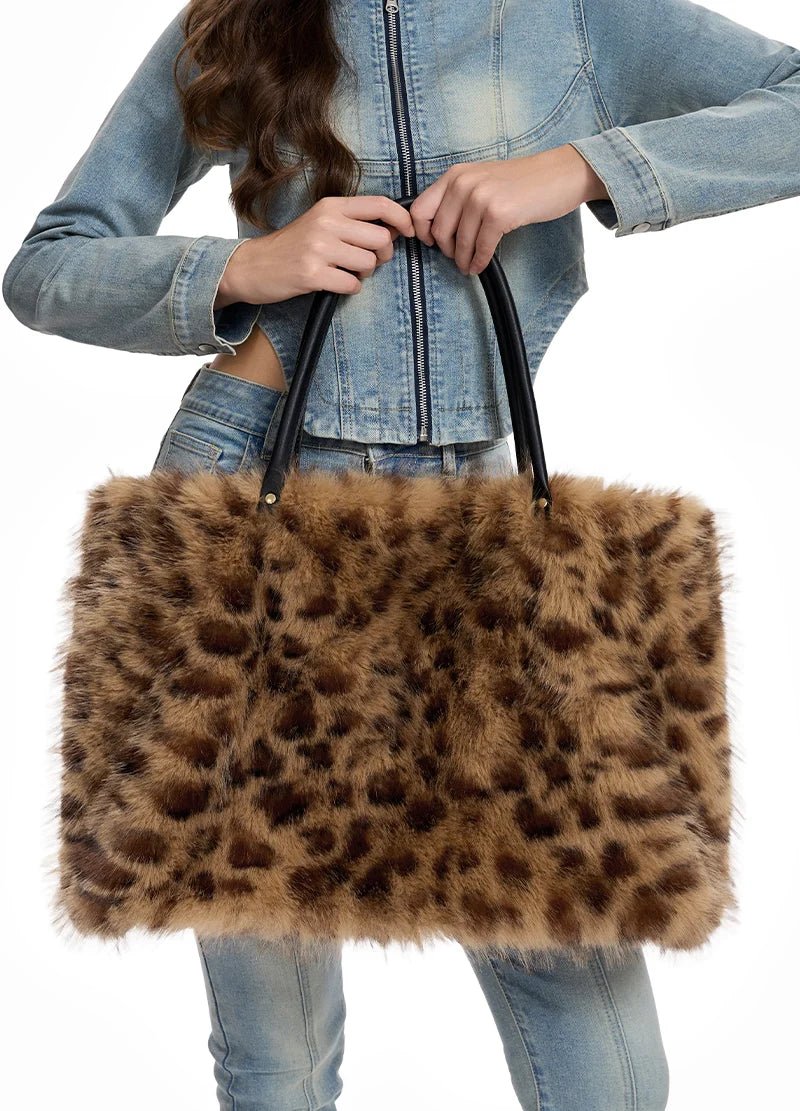 Fuzzy Faux Fur Leopard Print Large Tote Bag – MMA1101 - Beauty Exchange Beauty Supply