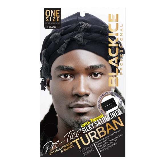 Black Ice Professional Silky Satin Lined Turban – Pre-Tied
