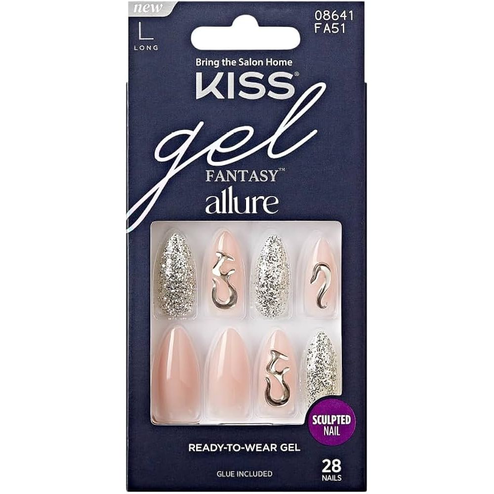 KISS False Nails Kit – Gel Fantasy Allure, Ready - to - Wear Sculpted Nails, Long Almond Shape with 3D Accent – FA Series (11, 12, 50, 51, 52) - Beauty Exchange Beauty Supply