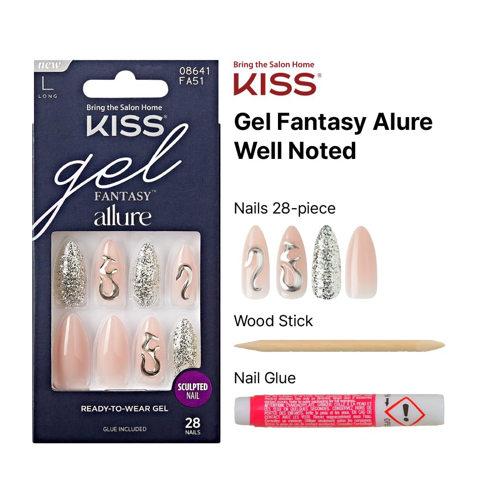 KISS False Nails Kit – Gel Fantasy Allure, Ready - to - Wear Sculpted Nails, Long Almond Shape with 3D Accent – FA Series (11, 12, 50, 51, 52) - Beauty Exchange Beauty Supply