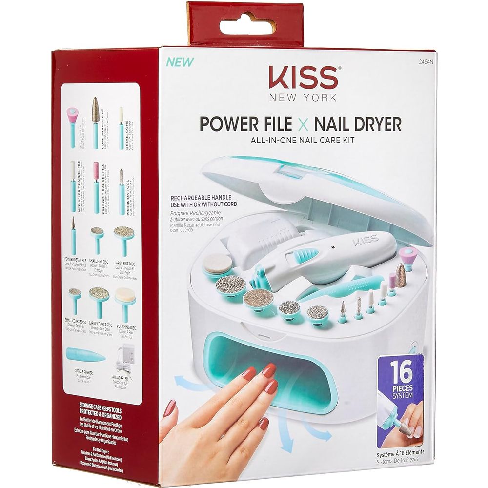 KISS Power File X Nail Dryer – All - in - One Nail Care Kit w/ 12 Attachments, Rechargeable Handle & Salon - Style Dryer (16 Pc Set) - Beauty Exchange Beauty Supply