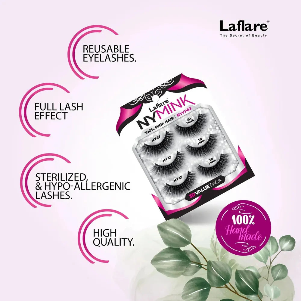 Laflare 3D NY Mink Lashes [3 Pairs] – Styles 43, 47, 52, 64, 68 | 100% Real Mink Hair, Soft 3D Volume, Reusable Value Pack - Beauty Exchange Beauty Supply
