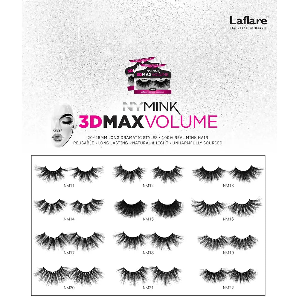 Laflare 3D NY Mink Max Volume Lashes – Styles 11 to 28 | 25mm, 100% Real Mink Hair, Bold, Lightweight & Reusable - Beauty Exchange Beauty Supply