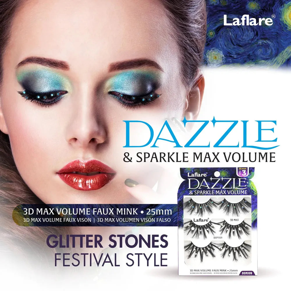 Laflare USA Dazzle & Sparkle Max Volume Rhinestone Lashes – Styles 09 & 10 | 3D Glam, 25mm Length, Reusable, Crystal Accent Finish - Beauty Exchange Beauty Supply