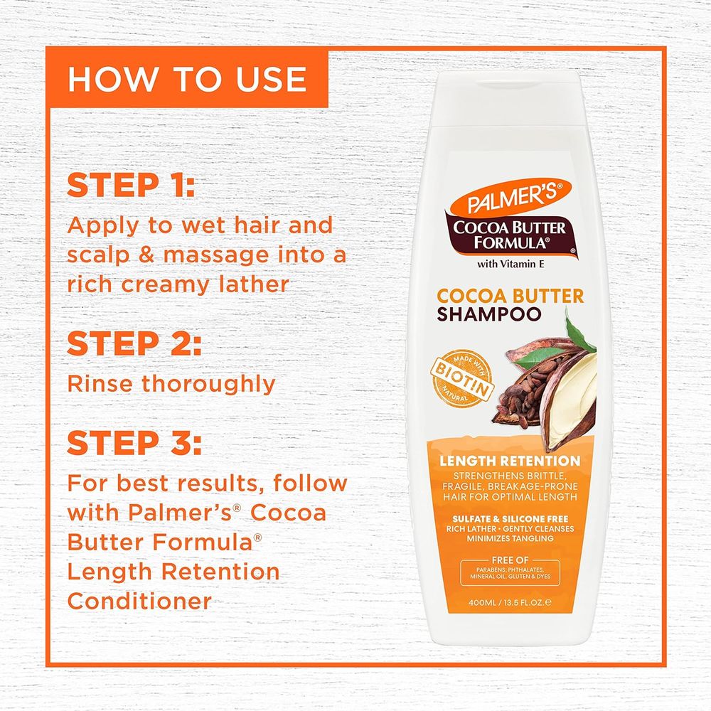 Palmer’s Cocoa Butter Formula Biotin Length Retention Shampoo | Strengthens, Moisturizes & Supports Healthy Hair Growth | 13.5 fl oz - Beauty Exchange Beauty Supply