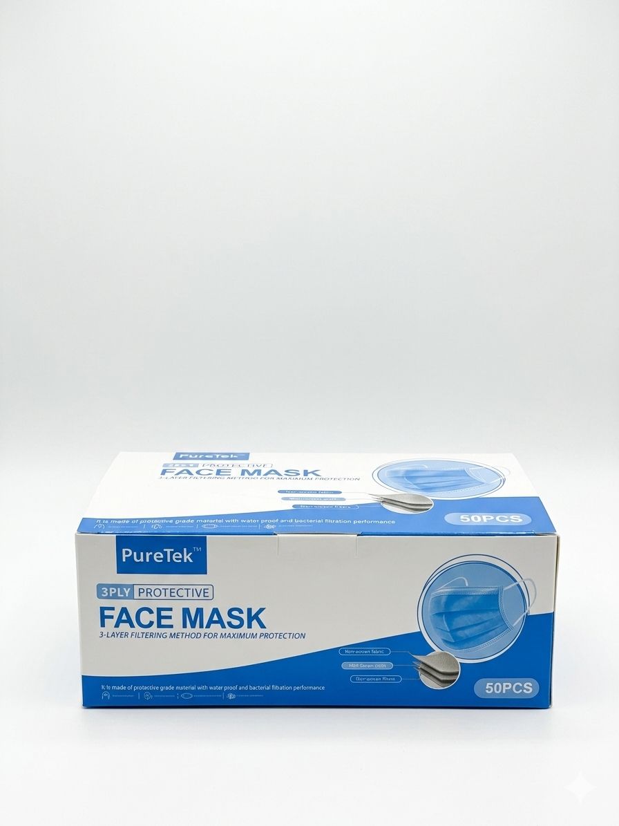 PureTek 3 - Ply Protective Face Mask – 50pcs Box - Beauty Exchange Beauty Supply