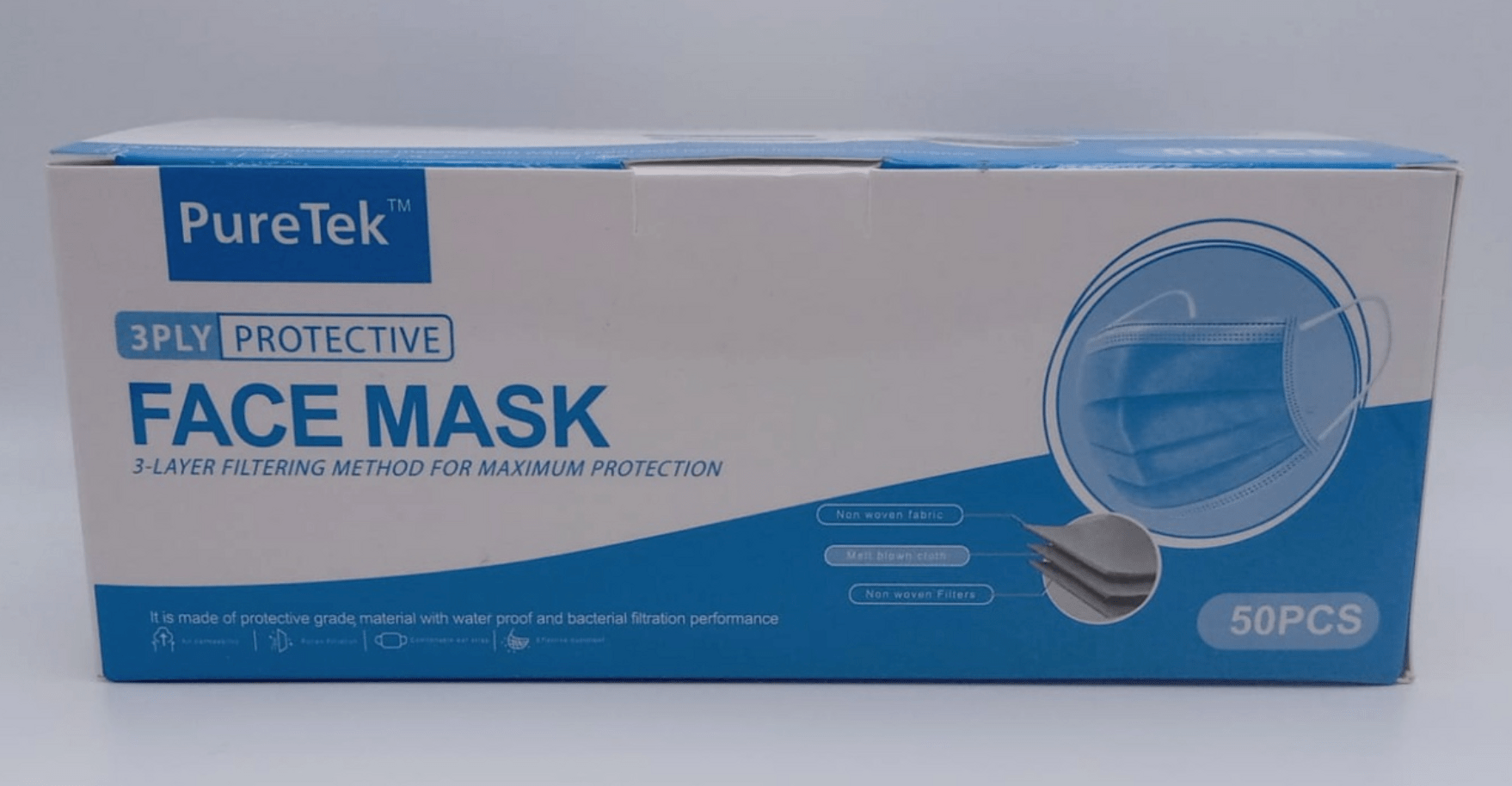 PureTek Face Mask 3 Layer Disposable - 50 Pcs - Beauty Exchange Beauty Supply