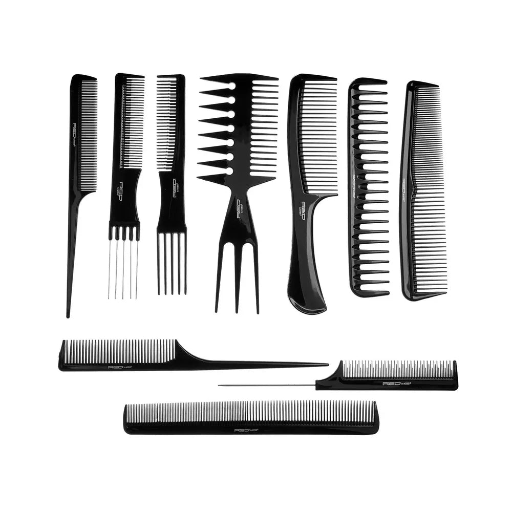 Red by Kiss Bone Black 10 - Piece Comb Set – HM60, Anti - Static, Durable & Heat - Resistant for Professional Styling | Ideal for All Hair Types - Beauty Exchange Beauty Supply