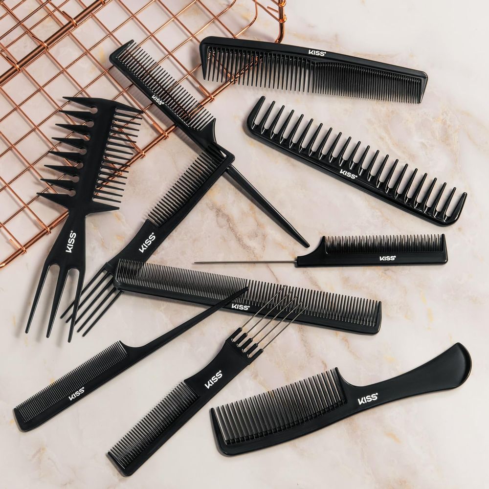 Red by Kiss Bone Black 10 - Piece Comb Set – HM60, Anti - Static, Durable & Heat - Resistant for Professional Styling | Ideal for All Hair Types - Beauty Exchange Beauty Supply