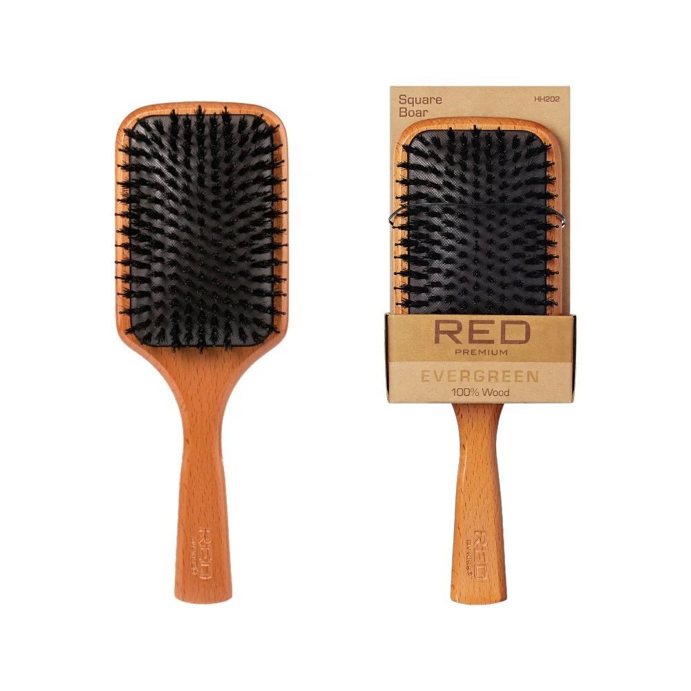 Red by Kiss Evergreen Square Boar Brush HH202 – Shine, Smoothness & Control | Size: Square Paddle - Beauty Exchange Beauty Supply