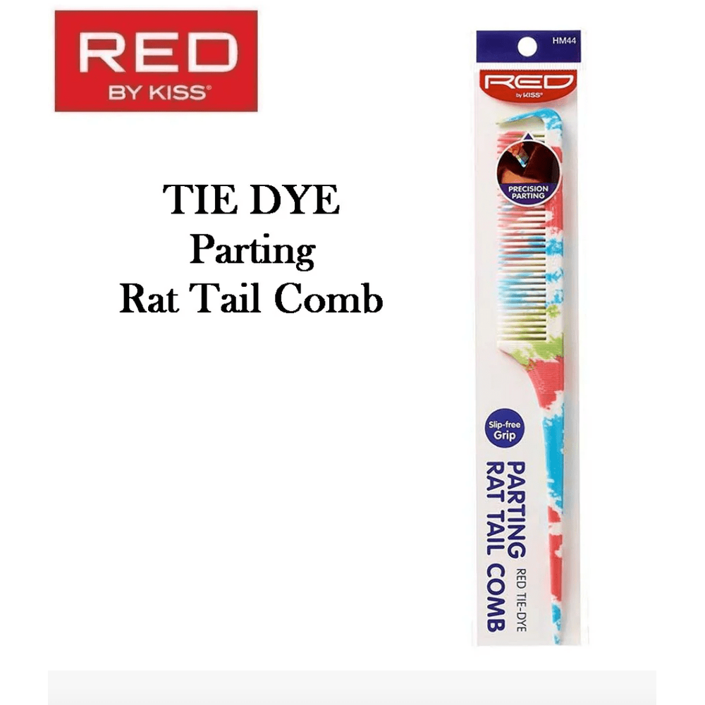 Red by Kiss Parting Rat Tail Comb – Red Tie Dye – HM44 | Fine - Tooth Precision Comb with Steel Tail for Clean Parting & Bold Styling - Beauty Exchange Beauty Supply
