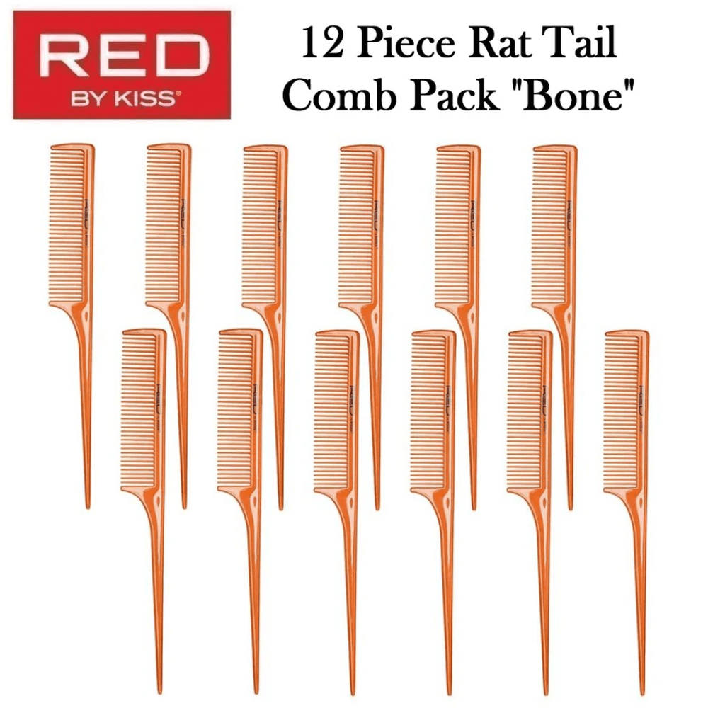 Red by Kiss Rat Tail Comb Set – Bone Color, Heat - Resistant & Anti - Static for Precise Parting | 12 pcs | HM92J | Flexible & Professional - Beauty Exchange Beauty Supply
