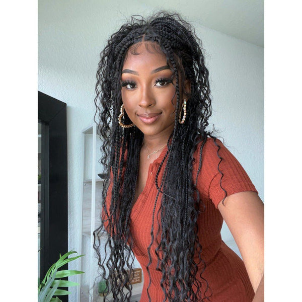 Braided Wigs for Black Women Bohemian Crochet Hair Boho Box Braids Wig 4×4  Lace Front Wig with Baby Hair (20 Inch, 1B27) 